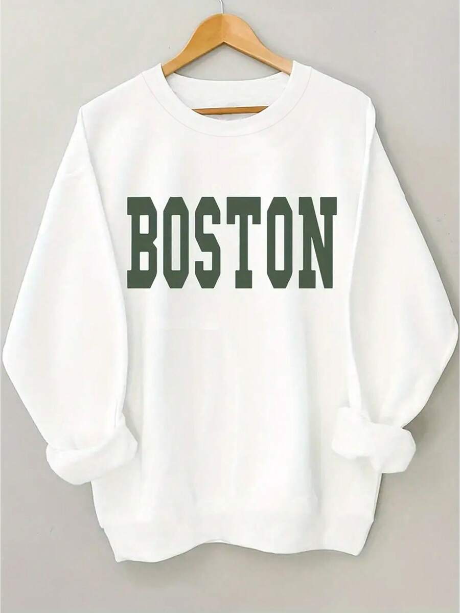 Boston Letter Print Crew Neck Casual Sweatshirt For Women, 100% Polyester Knit Fabric, Long Sleeve Pullover For Fall/Winter - 白色 - 查看 1