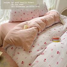 四件套床上用品，樱桃红，蝴蝶结印花被套，拉链封口，纯色床单，四季皆宜，粉色少女风卧室装饰床上用品套装，可快速机洗，清新花卉图案，透气轻盈，适合情人节、斋月等节日。 - 紅櫻桃 - 查看 6