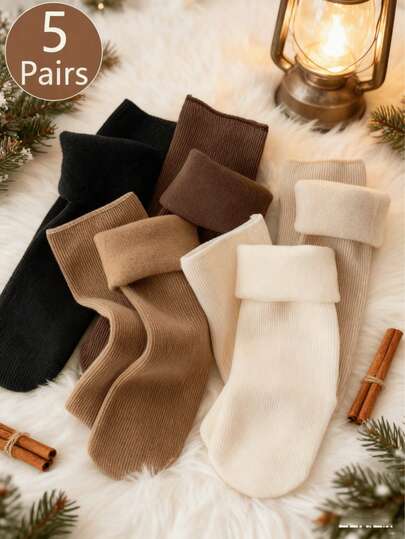 5 أزواج من جوارب الثلج السميكة ذات اللون الأحادي للنساء، جوارب دافئة. مناسبة للأعياد مثل رمضان وعيد الأضحى والكريسماس وعيد الشكر وما إلى ذلك - هدية للنساء، جوارب شتوية، ألوان عشوائية.