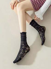 1 Pair / 2 Pairs / 3 Pairs Women Thin Lace Hollow Out Crew Socks With Ruffle Trim, Casual Mid-Calf Socks For Daily Wear, Fall - Multicolor - View 6
