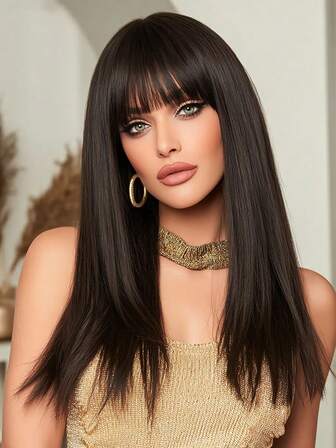 26 英寸自然日常假发女士黑色直发蓬松刘海派对用万圣节热销