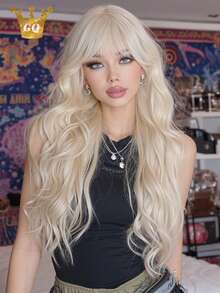 Platinum Blonde Long Wavy Wig With Bangs - 28 Inch Long Curly Synthetic Heat Resistant Wig Hair Perfect Daily Party Holiday Cosplay Use - Gold - View 12