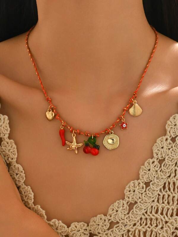 1pc Bohemian Style Fashion Necklace With Multicolor Charms Including Glass Beads, Cherry, Eyes, Stars, Chili Peppers, Scallops, Hearts, Suitable For Women As Gift Or Daily/Vacation Wear