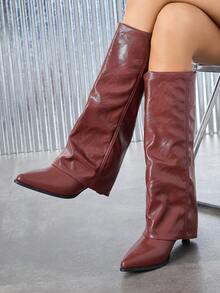 女士经典尖头粗跟及膝靴，一脚蹬朋克风格侧拉链长靴，温暖时尚，适合冬季派对、宴会、舞会，酒红色过膝靴 - 酒紅色 - 查看 3