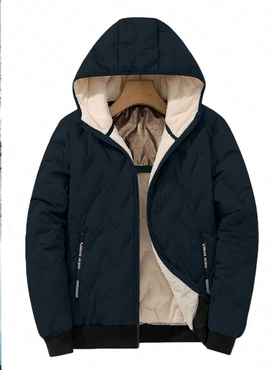 男士超声波夹克，时尚连帽拉链口袋保暖内衬冬季外套 - 藍色 - 查看 1