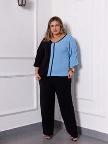 Maison Raglan Sleeve Blouse And Plus Size Summer Pants Set - Baby Blue - View 6