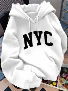 Sudadera casual para mujer urbana con letras estampadas NYC oversize tela sólida con capucha bolsillo delantero manga larga otoño invierno uso diario suéter - Blanco - Ver 1