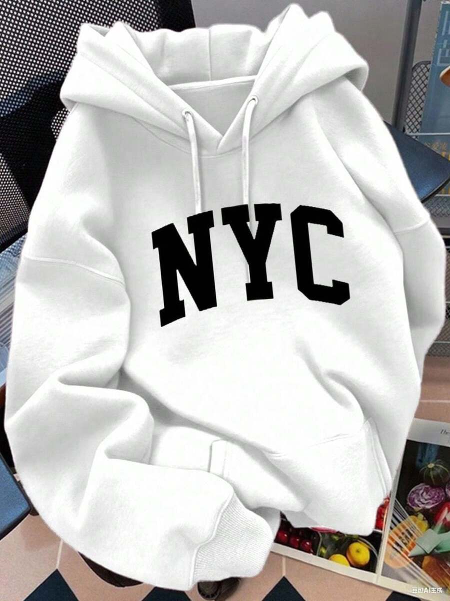 Sudadera casual para mujer urbana con letras estampadas NYC oversize tela sólida con capucha bolsillo delantero manga larga otoño invierno uso diario suéter - Blanco - Ver 1