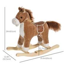 QABA Rocking Horse Plush Animal On Wooden Rockers With Sounds, Wooden Base, Baby Rocking Chair For 36-72 Months, Brown - Brown - View 3