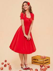 Vestido de fiesta de línea A con cuello cuadrado estilo vintage de los años 50 - Rojo - Ver 1