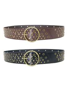 1pc/2pcs Set Vintage Western Style Metal Buckle Rivet Hollow Waist Belt, Fashionable Accessory For Dress