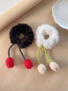 3pcs Autumn/Winter Women Cute Knitted Tassel Tulip Fuzzy Hair Scrunchies, Ponytail Holders, Suitable For Dresses, Vacation, Daily Outfits, Hair Accessories, Bohemian, Cute, Elegant ,Hair Ties