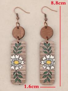 1 Pair Vintage Bohemian 3D Floral Printed Wooden Disc Dangle Earrings