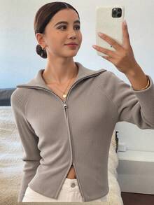 Livesso Women's Solid Color Stand Collar Zip-Up Casual/Business Cardigan, Autumn/Winter,Long Sleeve Tops,Fall Women Clothes Jacket - Khaki - View 7