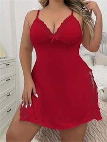 1pc Plus Size Women's Lace Trimmed Nightgown With Side Slits And Bow Decorated Straps, Christmas, Moo Moo Night Dress - Burgundy - View 5