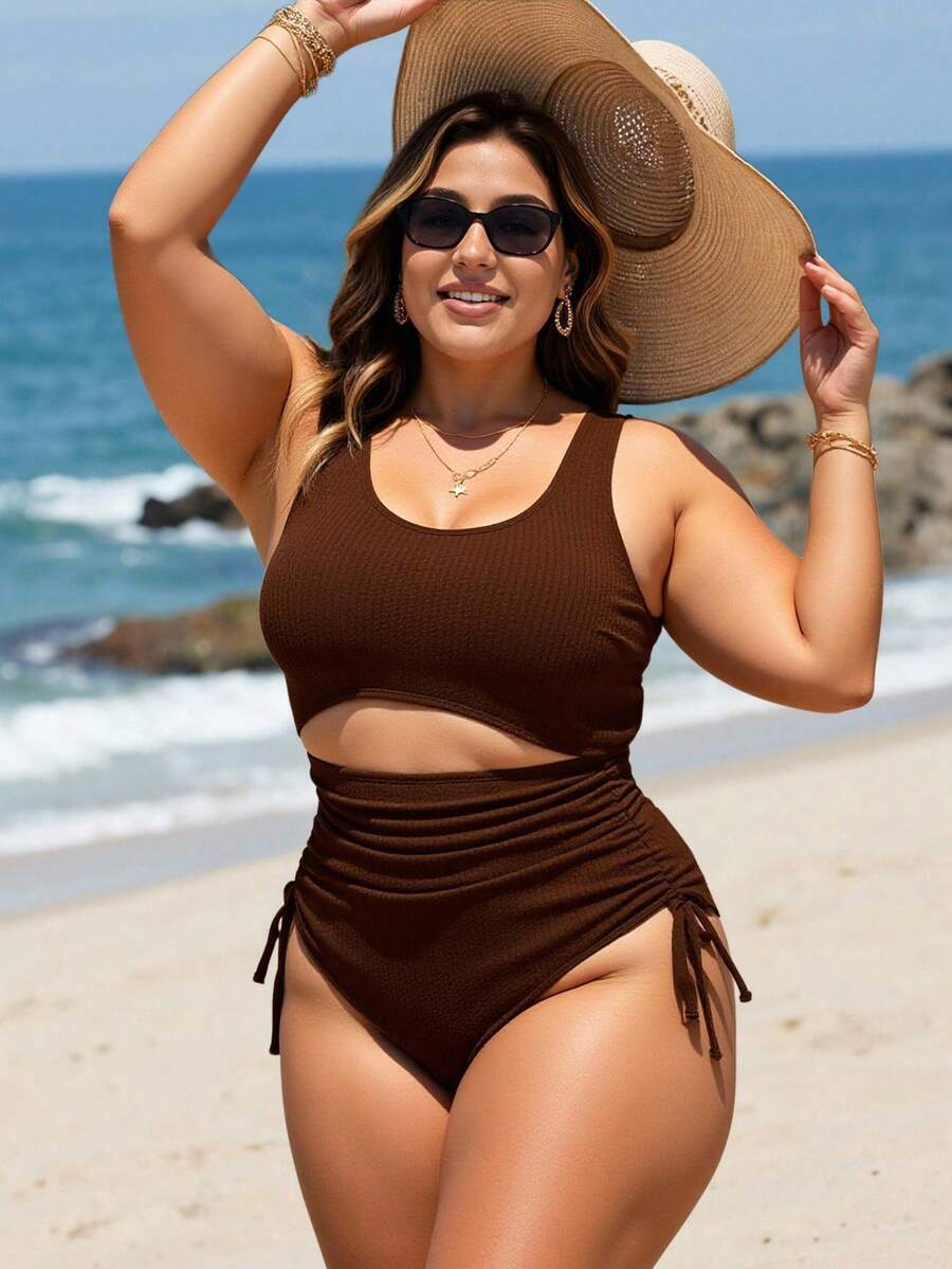 SHEIN Swim 1 Set Plus Size Women Navy Casual Vacation One-Piece Swimsuit With Cover Up Brown Plus Size Swimsuit For Summer - Coffee Brown - View 1