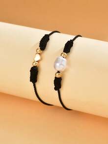 2 buc/set brățară reglabilă împletită cu perle artificiale, stil boem minimalist vintage, potrivită pentru sărbători, ziua de naștere, Ziua Îndrăgostiților, absolvire, cadou pentru cupluri și prieteni - Negru - Vizualizare 3