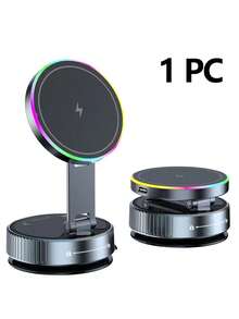 带无线充电的全新车载磁性手机支架 - 15W 快速充电，升级版磁性镜，720° 双轴全景视图，可拉伸、折叠和旋转超广角，RGB 灯，USB 供电，旋转助推器 + 真空吸盘