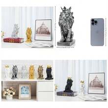 AMOIENSIS - Decoracin de estatua de len, decoracin de mesa de len de Fengshui, decoracin de mesa de len, regalo de mascota del equipo de negocios del len Leo, estatua de resina dorada de 9 - Plata envejecida - Ver 1