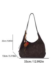 Bolsa de ombro em tecido de veludo de cor sólida Low Tea, 1 peça, bolsa de ombro feminina retrô, design de alça única com fecho de zíper, alça de ombro ajustável para uso no ombro ou transversal, adequada para viagens, compras, encontros, presente feminino, ótima para deslocamento, atividades ao ar livre, viagens, caminhadas - Café - Ver 3