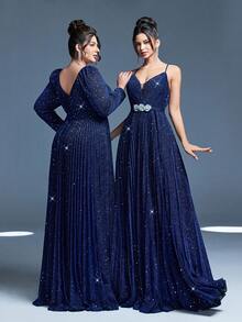 Elegant Women's Blue Sequin Maxi Dress With Spaghetti Straps And Pleated Hem Backless Lace Up Design