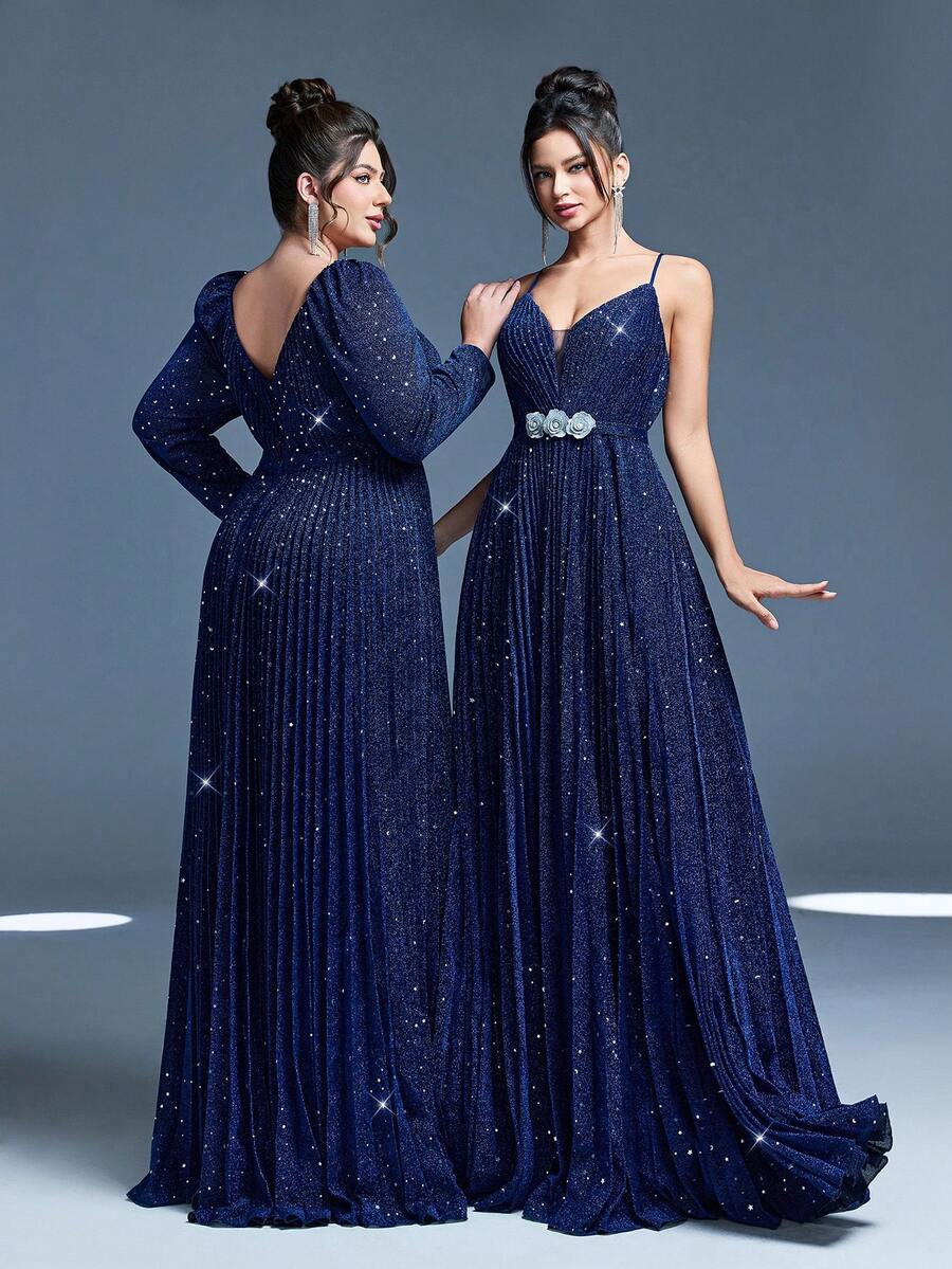 Elegant Women's Blue Sequin Maxi Dress With Spaghetti Straps And Pleated Hem Backless Lace Up Design