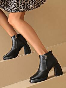 女式踝靴，超高跟靴，纯色圆头粗跟防水台靴，时尚休闲一脚蹬靴，适合秋冬户外，侧拉链 PU 皮革优雅假日踝靴 - 黑色 - 查看 6