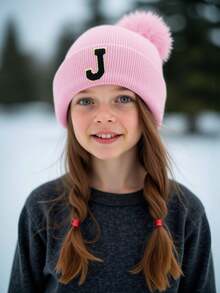 1 Stück Kinder gestrickte Mütze mit A-Z Buchstaben Muster, Mädchen Jungen warme gestrickte Beanie, geeignet für den Außenbereich, Alltagsgebrauch im Herbst und Winter