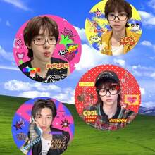 Cotis Fan Badge, Featuring Vibrant Japanese Street Style Aesthetics. The Badge Showcases Character Imagery Complemented By Stars, Hearts, "JUHOON" Lettering, And Decorative Elements. This Fan Merchandise Accessory Can Be Used To Decorate Clothing, Bags, And Other Items, Making It Ideal For Fan Events Or Everyday Styling. - Multicolor - View 1