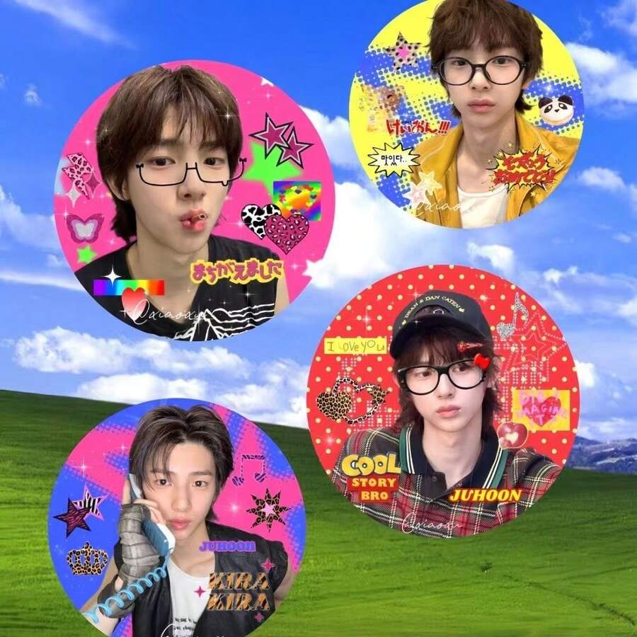 Cotis Fan Badge, Featuring Vibrant Japanese Street Style Aesthetics. The Badge Showcases Character Imagery Complemented By Stars, Hearts, "JUHOON" Lettering, And Decorative Elements. This Fan Merchandise Accessory Can Be Used To Decorate Clothing, Bags, And Other Items, Making It Ideal For Fan Events Or Everyday Styling. - Multicolor - View 1