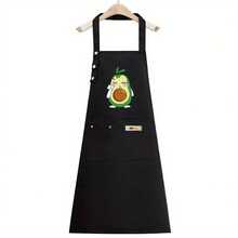 Unisex Adjustable Apron With Multiple Pockets - Polyester, Non- Fabric, Lightweight 140g/M² - Ideal For Cooking, BBQ, Baristas & Kitchen Use - Stylish Black Chef Apron With Fruit Design, Grill Accessorie - 酪梨013 - 查看 2
