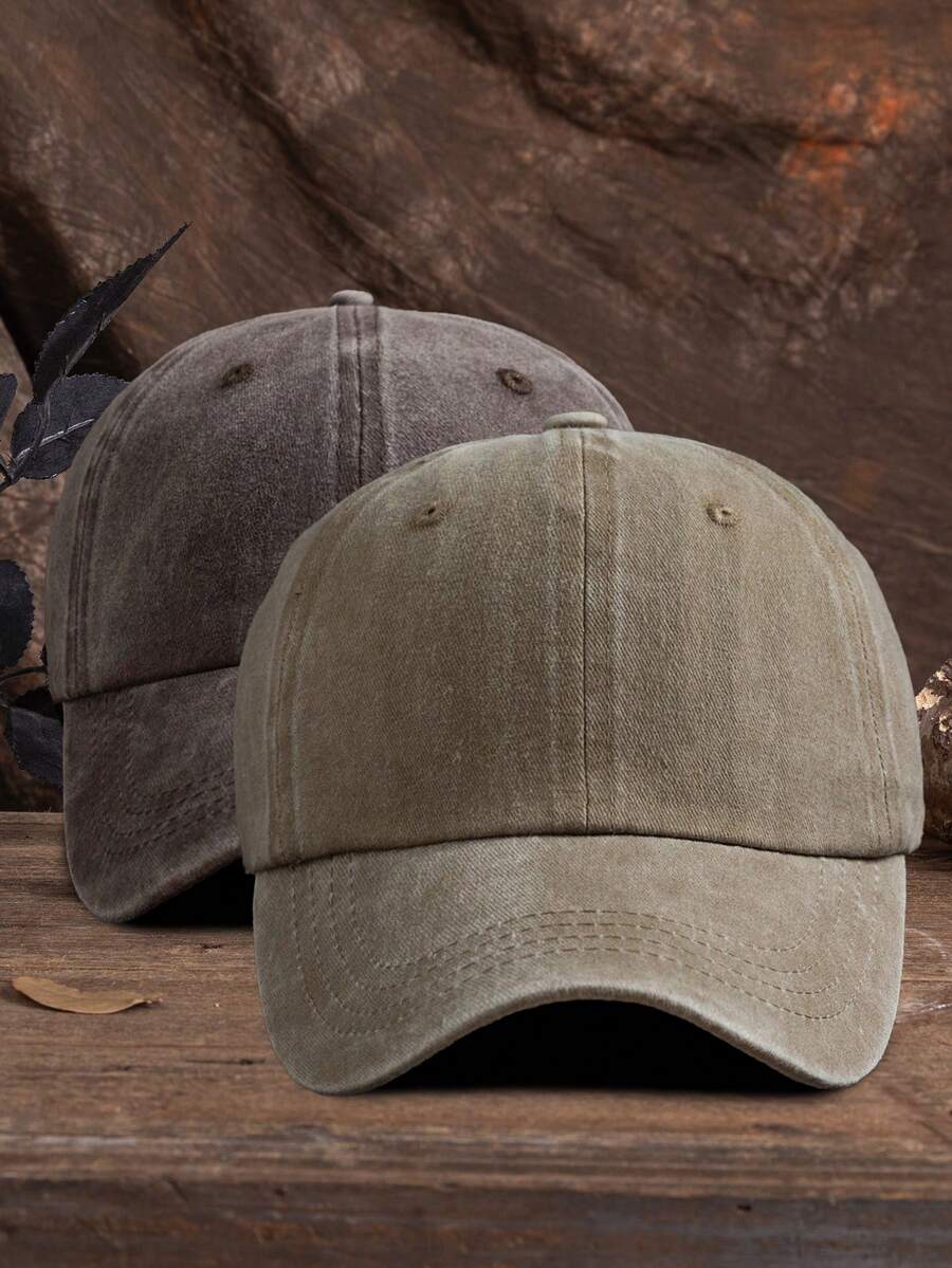 1pc Solid Color Adjustable Washed Baseball Cap, Casual Outdoor Fashion,Summer,Beach,Holiday,Festival,Travel - Brown + Khaki - View 1
