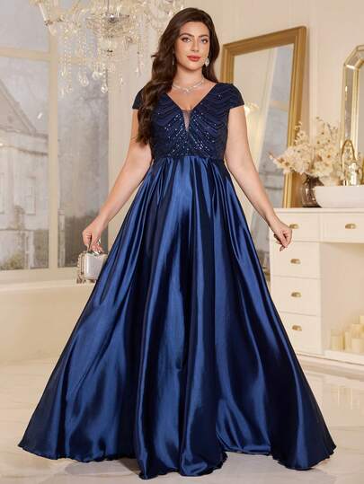 Abito da sera lungo elegante da donna con scollo a V profondo, maniche a pipistrello e paillettes blu navy, adatto per feste formali, taglie comode