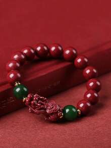 1 件红朱砂珠风水貔貅手链男女时尚弹性手链（6 毫米-12 毫米）