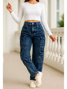 Pantalon cargo mezclilla de mujer - Azul Jaspeado - Ver 1