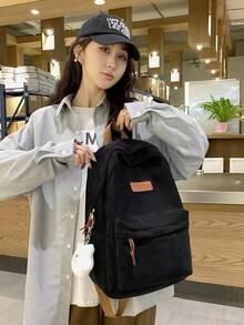 Minimalist Large Capacity Backpack For Women, Solid Color, Functional Corduroy Backpack With Letter Patch, Large Capacity, Lightweight And Portable, Perfect For Teens, Women, Students - Black - View 8