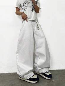 1 件正义兄弟个性化印花撞色缝线舒适休闲男士宽松直筒牛仔裤，四季百搭（不包括腰带/配饰） - 白色 - 查看 7