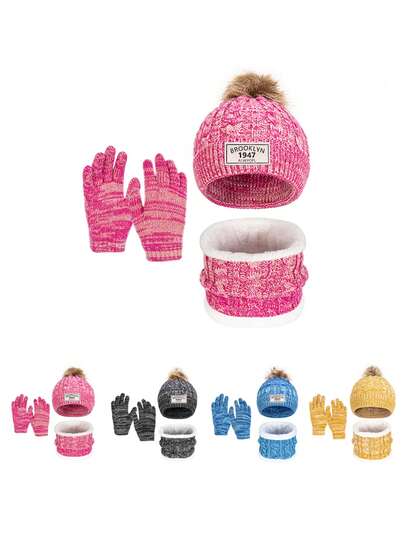 Conjunto de 3 piezas de gorro, bufanda y guantes para niños de otoño/invierno, para niños de 3 a 10 años, gorro, bufanda y guantes de punto resistentes al viento y cálidos