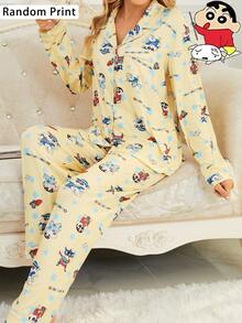 CRAYON SHINCHAN 2件套蜡笔小新牛奶丝柔软透气卡通印花长袖睡衣套装，女款，随机印花，春秋/冬季服装 - 黃色 - 查看 2