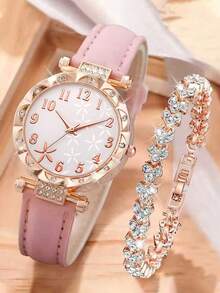 2pcs/Set Women's Elegant Fashion Watch, PU Leather Strap Bracelet, Rhinestone Inlaid Stainless Steel Chain, Classic Casual Multifunctional Stylish, Best Gift - Multicolor - View 3