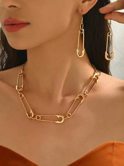 مجموعة مجوهرات أنيقة شخصية 3 قطع/مجموعة تصميم دبوس بسيط عصري للنساء أقراط + قلادة، مناسبة للاستخدام اليومي والعطلات والمواعيد والهدايا والحفلات