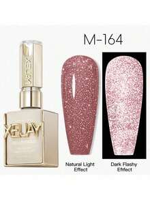Esmalte de uñas rosa con brillo y rhinestones XEIJAYI, rojo brillante con brillo, arte de uñas reflectante holográfico removible para UV/LED, fórmula adecuada para uso en el hogar y salón, esencial para la primavera - Rosa - Ver 4