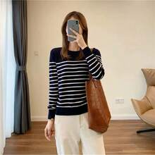 Suéter de punto acanalado a rayas para mujer, con cuello redondo y mangas largas, blusa de moda casual para dama, largo regular, sweater de rayas - Negro - Ver 2