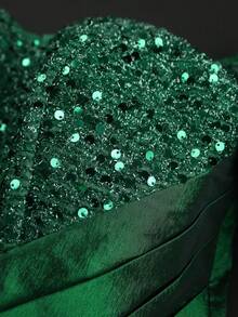 Women's Elegant Emerald Green Sequin-Embellished Off-The-Shoulder A-Line Midi Dress With Puff Sleeves & Waist-Cinching - Floor-Length Floor-Scraping Skirt For Christmas Dinners, Holiday Parties, Evening Events, Prom, Galas - Hand Washable Luxury Blingbling Party Dress (Perfect For Christmas Season) - Dark Green Solid Color With Sparkling Sequins & Glitter (Creates Festive Shine), Structured Fitted Bodice & Flared Skirt, Year-Round Wear, Elegant Midi & Long Formal Dresses For Women - 綠色 - 查看 4