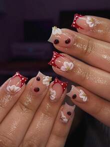 Bộ 24 miếng dán móng tay vuông ngắn họa tiết chấm bi đỏ thời trang hình hoa ba chiều hình quả bóng thép hình bọ rùa (kèm theo: một miếng keo dán và một chiếc dũa) thích hợp cho các bữa tiệc hẹn hò hàng ngày của phụ nữ - Nhiều màu - Xem 7