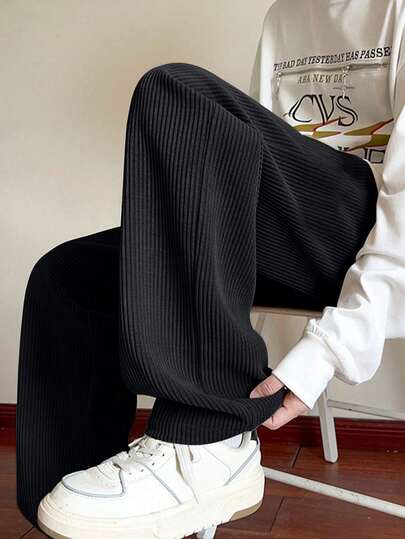 男士灯芯绒运动裤，宽松直筒裤，适合春秋季穿着，可用于健身房锻炼、跑步、户外活动和休闲穿着，黑色