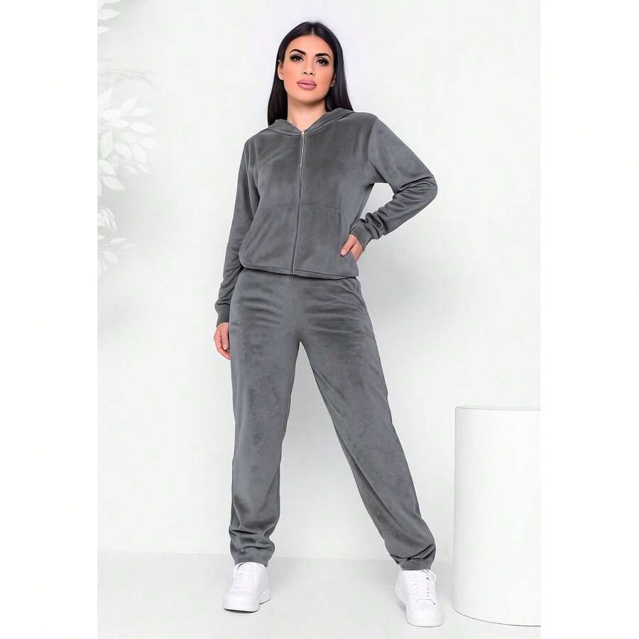 Plush Autumn Winter Cold Tracksuit Set Women's Fashion - 淺灰色 - 查看 1