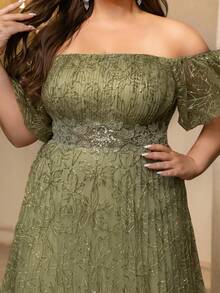 UNITHORSE [随机印花] 女士露肩短袖修身褶皱晚礼服，饰有贴花，适合婚礼、春季派对等场合 - 軍綠色 - 查看 5