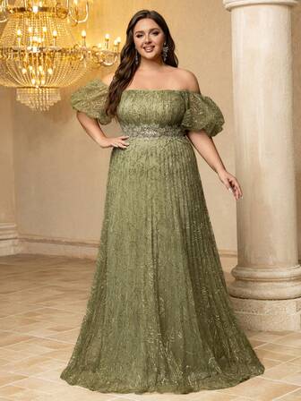 UNITHORSE [Stampa Casuale] Vestito da sera slim plissettato con applicazioni per donne taglie comode con spalle scoperte e maniche corte UNITHORSE