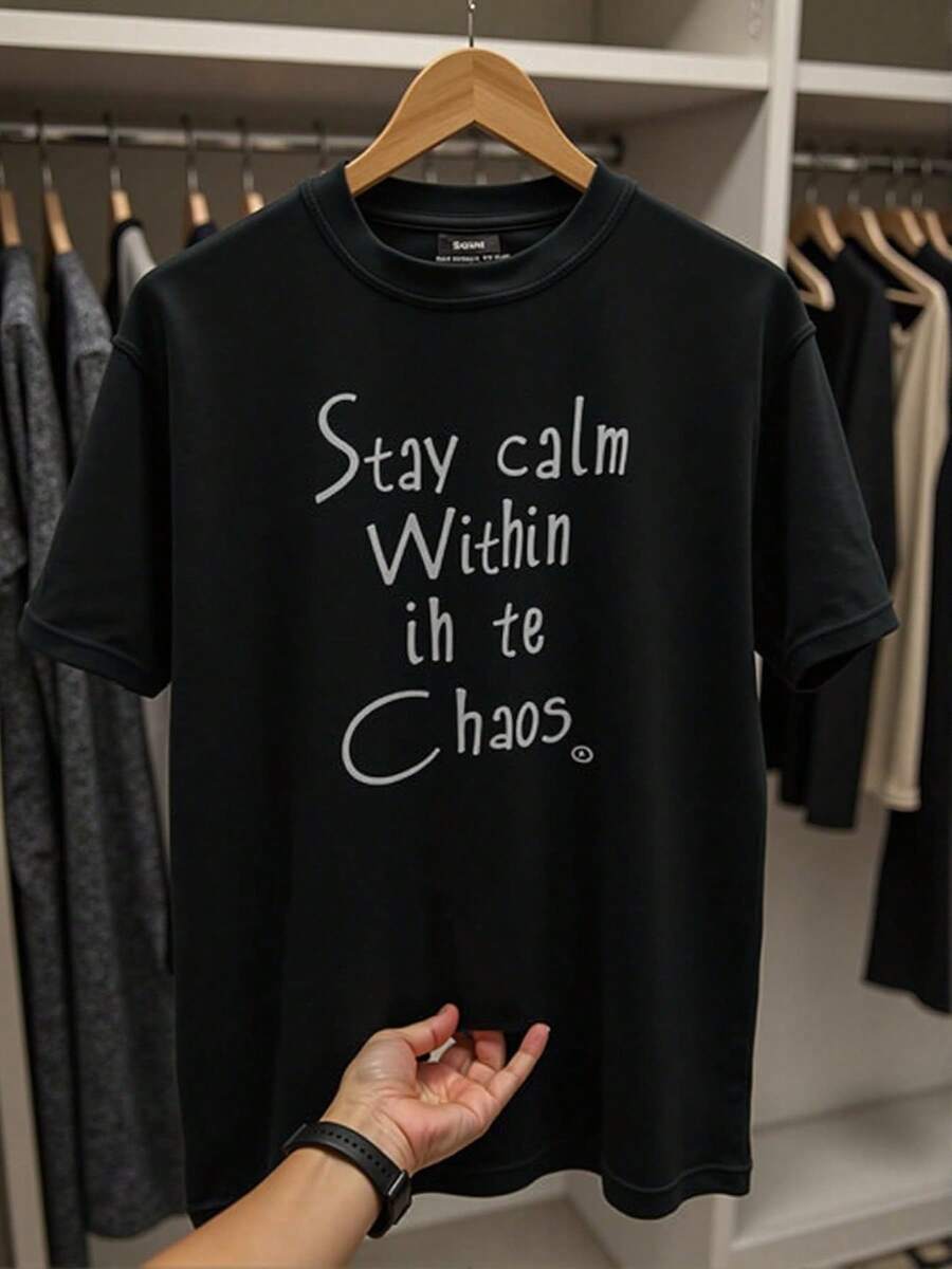Camiseta negra moderna con mensaje inspirador: Mantén la calma en el caos para un estilo único y motivador, perfecta para cualquier ocasión. Confeccionada en material de alta calidad, ideal para lucir en cualquier temporada. Estilo urbano que marca en México. - Negro - Ver 1
